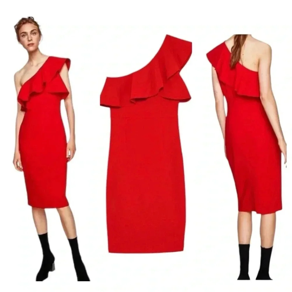 ZARA | One Shoulder Frilled Asymmetric Ruffled Cocktail Midi Red Dress Size XS